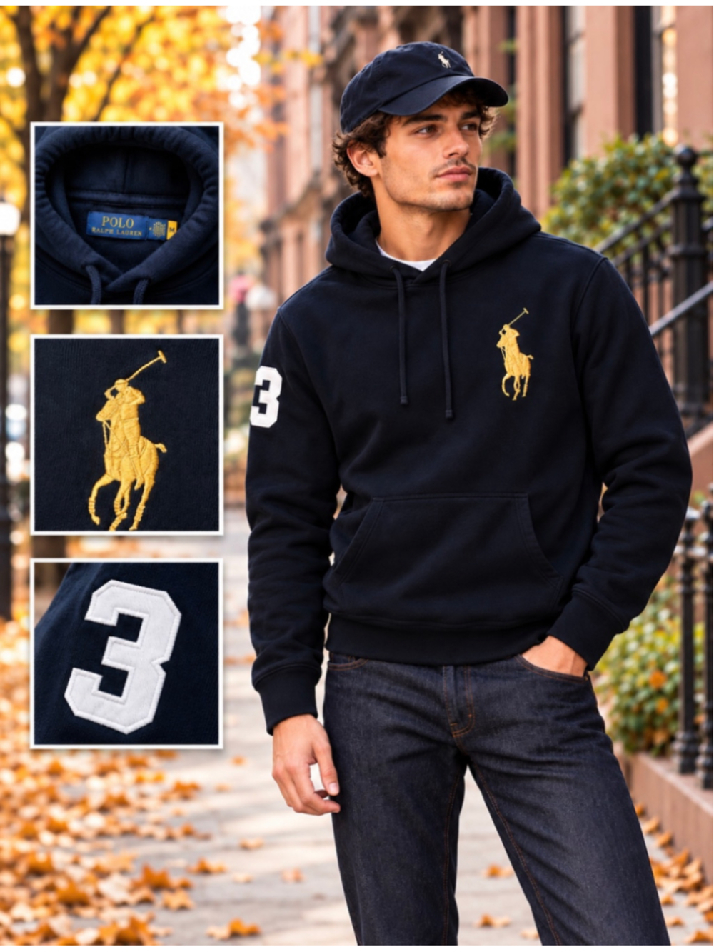 Polo Ralph Lauren Big Pony Hoodie Men's M Black Gold Logo Number 3 Pullover